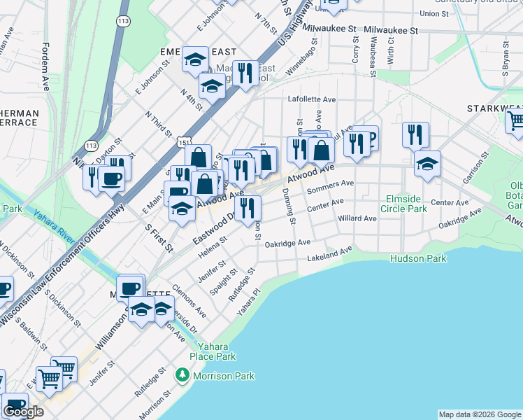 map of restaurants, bars, coffee shops, grocery stores, and more near 2105 Sommers Avenue in Madison