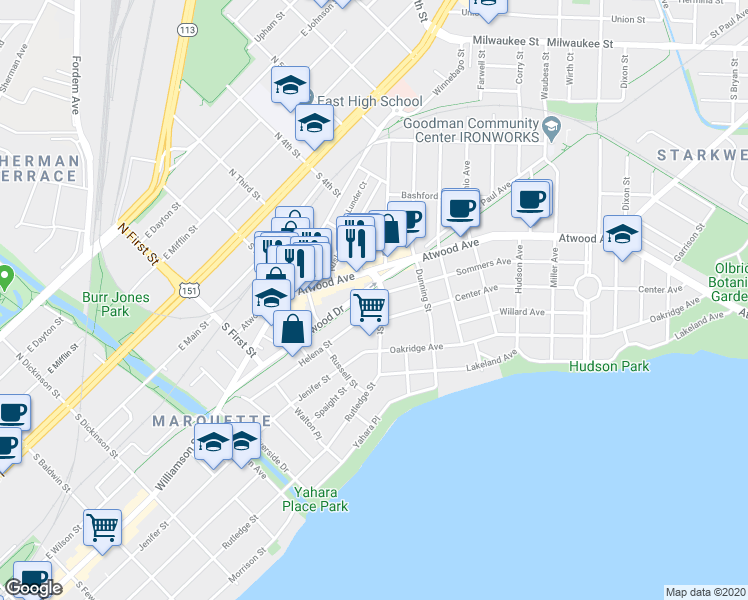 map of restaurants, bars, coffee shops, grocery stores, and more near 2087 Atwood Avenue in Madison