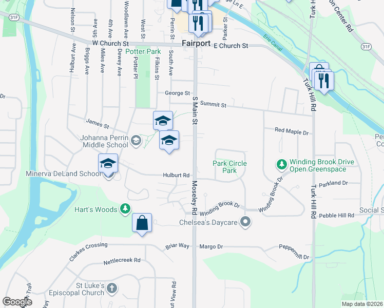 map of restaurants, bars, coffee shops, grocery stores, and more near 234 South Main Street in Fairport