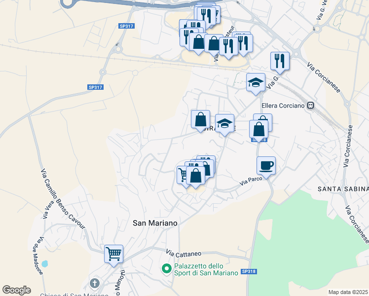 map of restaurants, bars, coffee shops, grocery stores, and more near 17 Via Giovanni Giolitti in Chiugiana