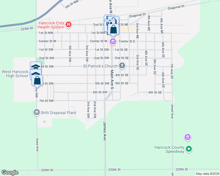 map of restaurants, bars, coffee shops, grocery stores, and more near 501-599 1st Avenue Southwest in Britt