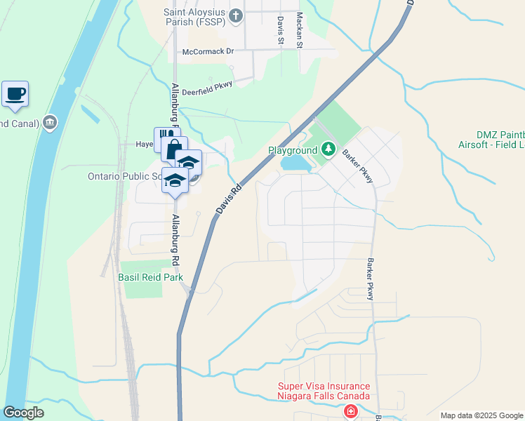 map of restaurants, bars, coffee shops, grocery stores, and more near 86 Sunset Way in Thorold