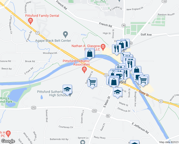 map of restaurants, bars, coffee shops, grocery stores, and more near 5 Sutherland Street in Pittsford