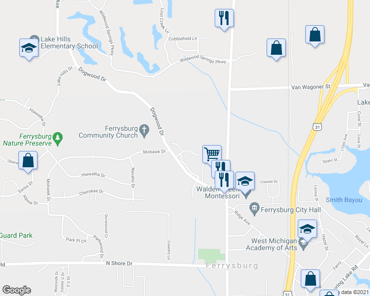 map of restaurants, bars, coffee shops, grocery stores, and more near 17543 Meadow Wood Road in Spring Lake