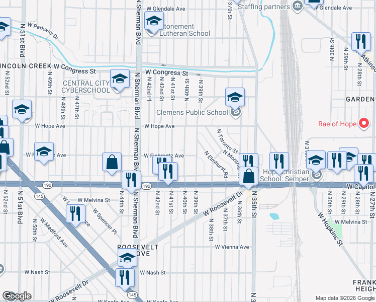 map of restaurants, bars, coffee shops, grocery stores, and more near 4108 North 40th Street in Milwaukee