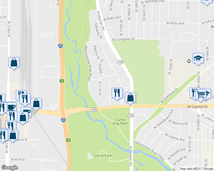 map of restaurants, bars, coffee shops, grocery stores, and more near 4115 North 110th Street in Wauwatosa
