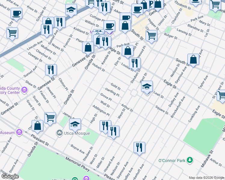 map of restaurants, bars, coffee shops, grocery stores, and more near 113 Harding Place in Utica