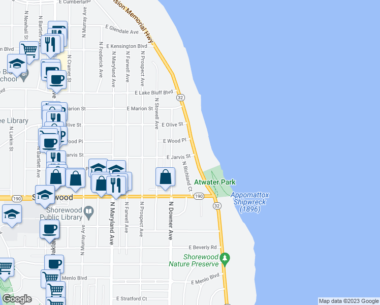 map of restaurants, bars, coffee shops, grocery stores, and more near 4107 North Lake Drive in Shorewood
