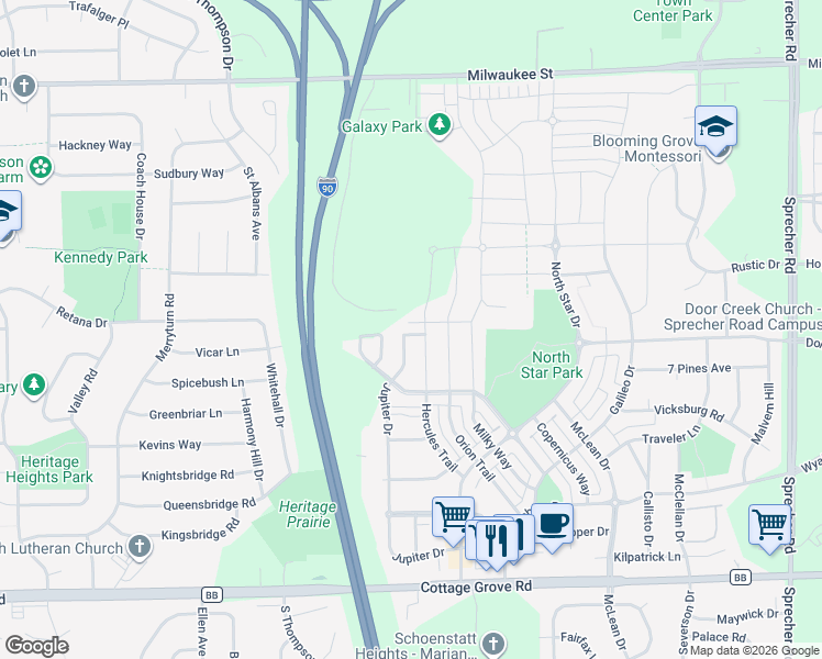 map of restaurants, bars, coffee shops, grocery stores, and more near 5917 Carter Moon Pass in Madison