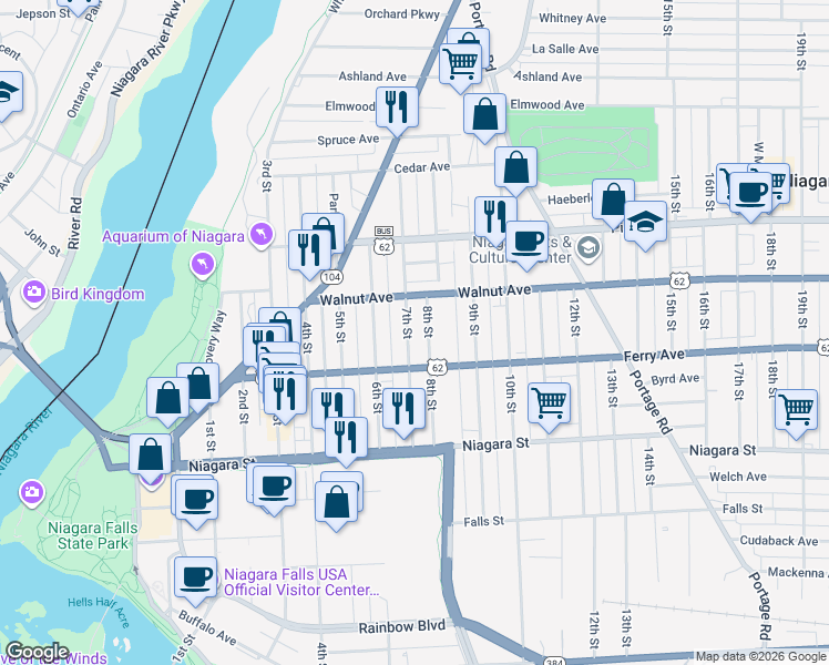 map of restaurants, bars, coffee shops, grocery stores, and more near 533 7th Street in Niagara Falls