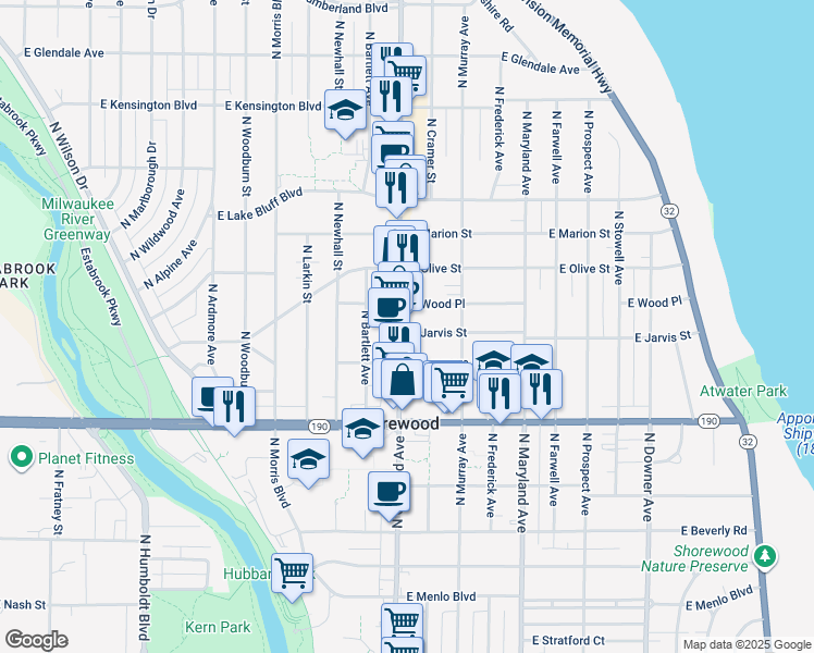 map of restaurants, bars, coffee shops, grocery stores, and more near 4108 North Oakland Avenue in Shorewood