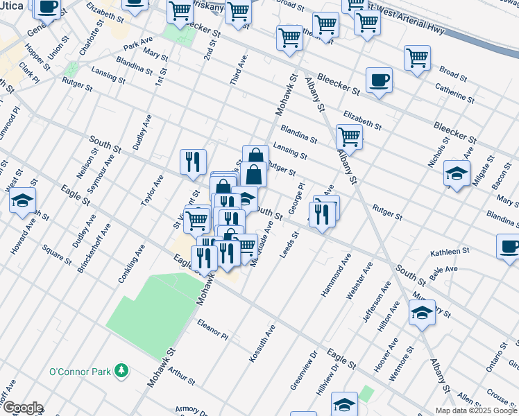 map of restaurants, bars, coffee shops, grocery stores, and more near 2174 Rudolph Place in Utica