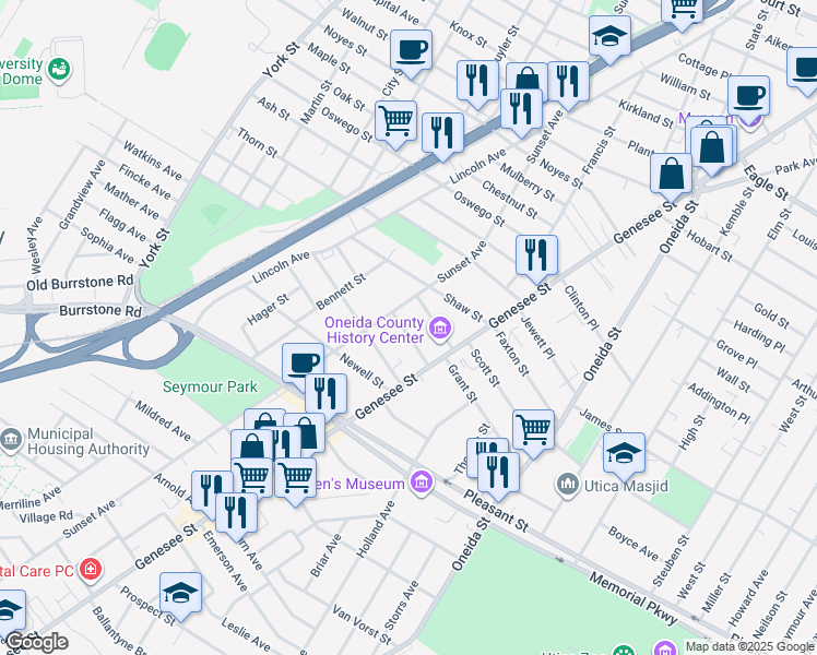 map of restaurants, bars, coffee shops, grocery stores, and more near 16 Springate Street in Utica