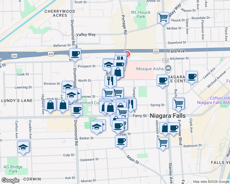 map of restaurants, bars, coffee shops, grocery stores, and more near 5698 Main Street in Niagara Falls