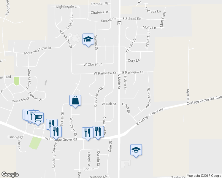 map of restaurants, bars, coffee shops, grocery stores, and more near 731 Crawford Drive in Cottage Grove