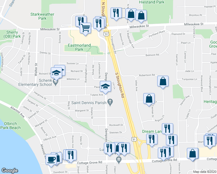 map of restaurants, bars, coffee shops, grocery stores, and more near 229 Dempsey Road in Madison