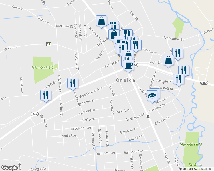 map of restaurants, bars, coffee shops, grocery stores, and more near 208 Oneida Street in Oneida