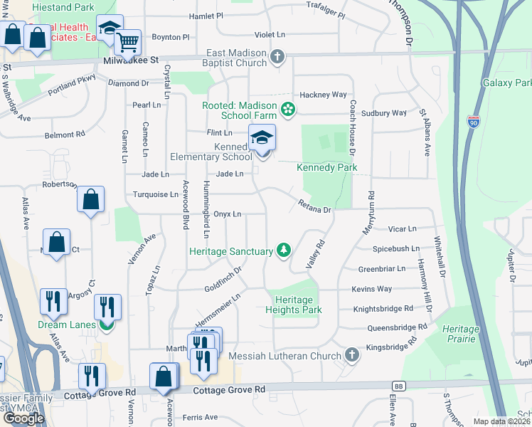 map of restaurants, bars, coffee shops, grocery stores, and more near 398 Meadowlark Drive in Madison