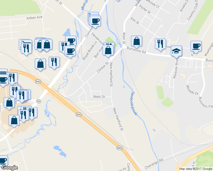 map of restaurants, bars, coffee shops, grocery stores, and more near 40 New Hartford St in New York Mills