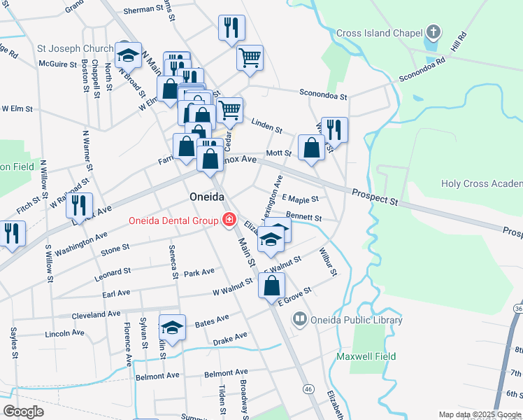 map of restaurants, bars, coffee shops, grocery stores, and more near 322 Lexington Ave in Oneida