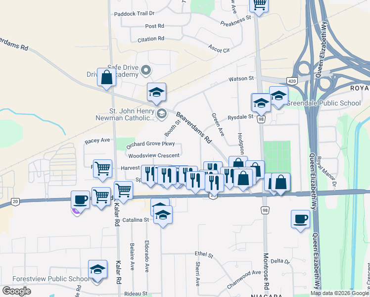 map of restaurants, bars, coffee shops, grocery stores, and more near 8001 Woodsview Crescent in Niagara Falls