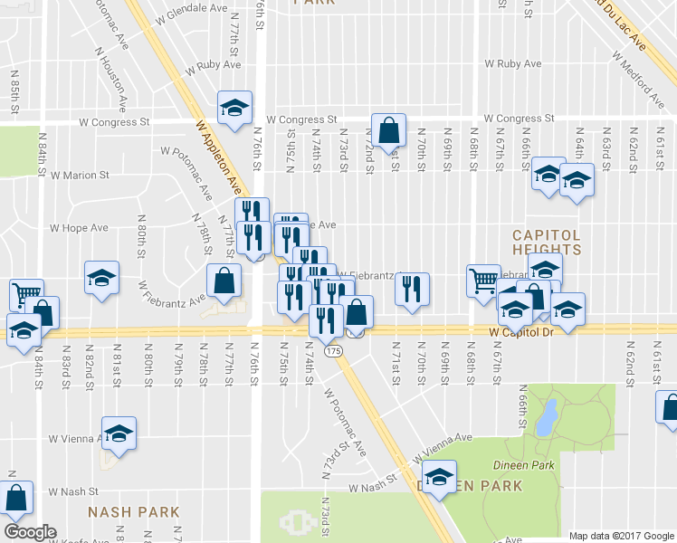 map of restaurants, bars, coffee shops, grocery stores, and more near 4103 North 73rd Street in Milwaukee