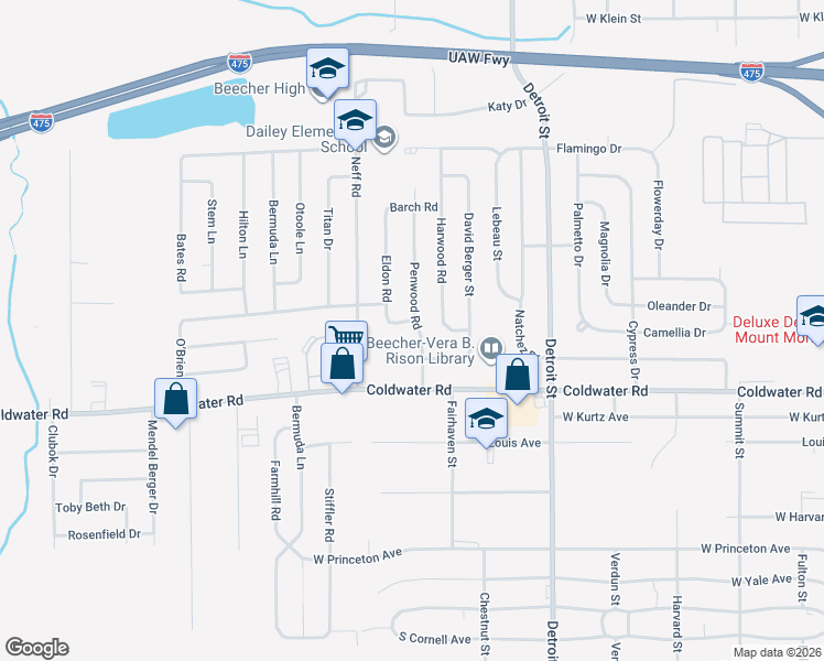 map of restaurants, bars, coffee shops, grocery stores, and more near 6063 Penwood Road in Mount Morris