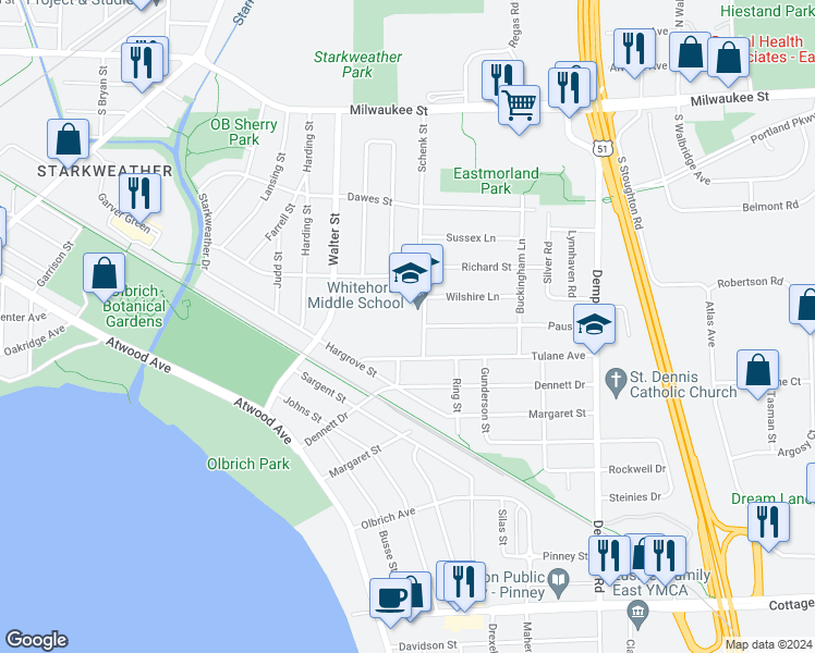 map of restaurants, bars, coffee shops, grocery stores, and more near 230 Schenk Street in Madison