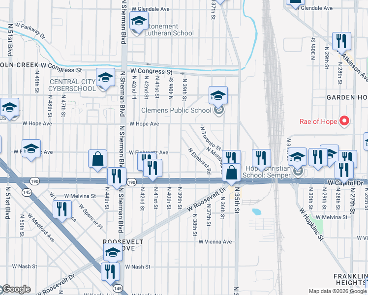map of restaurants, bars, coffee shops, grocery stores, and more near 4131 North Elmhurst Road in Milwaukee