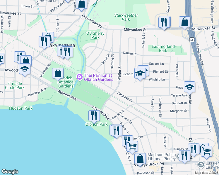 map of restaurants, bars, coffee shops, grocery stores, and more near 3497 Hargrove Street in Madison