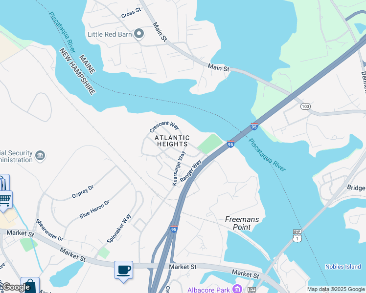 map of restaurants, bars, coffee shops, grocery stores, and more near 687 Kearsarge Way in Portsmouth