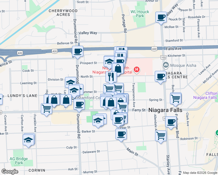 map of restaurants, bars, coffee shops, grocery stores, and more near 5709 Main Street in Niagara Falls