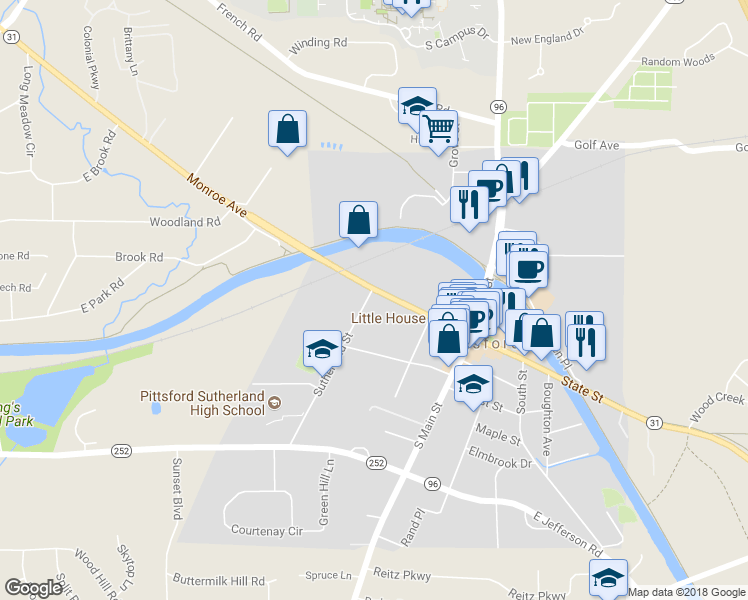 map of restaurants, bars, coffee shops, grocery stores, and more near 49 Monroe Avenue in Pittsford