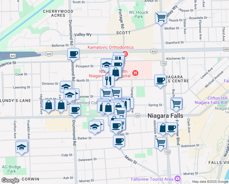 map of restaurants, bars, coffee shops, grocery stores, and more near 5698 Main Street in Niagara Falls