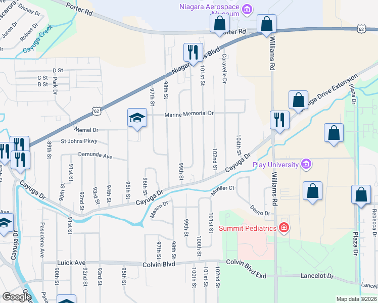 map of restaurants, bars, coffee shops, grocery stores, and more near 1462 100th Street in Niagara Falls