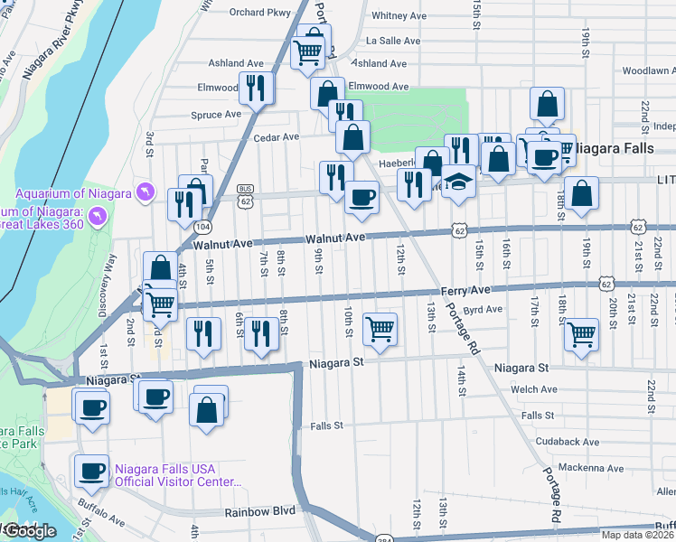 map of restaurants, bars, coffee shops, grocery stores, and more near 533-35 10th Street in Niagara Falls