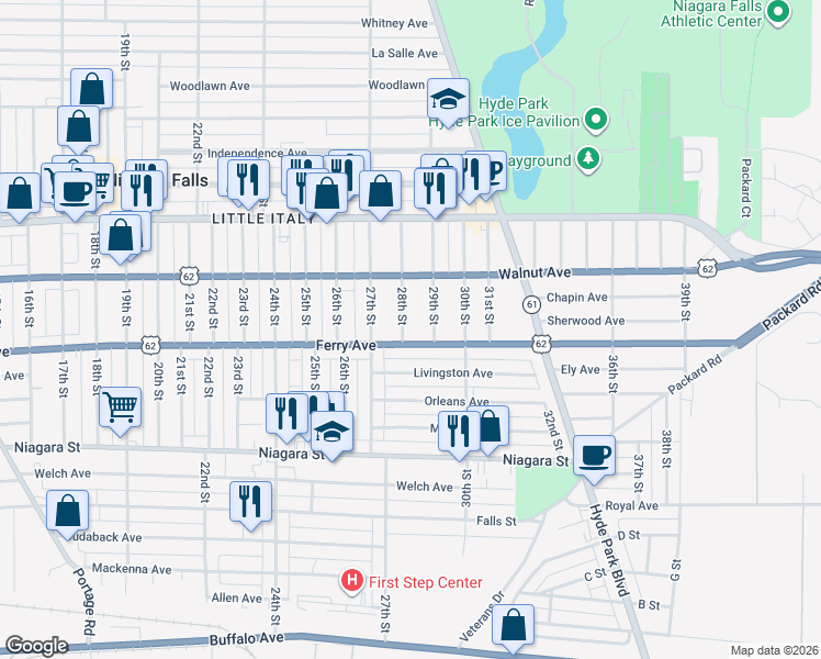 map of restaurants, bars, coffee shops, grocery stores, and more near 511 28th Street in Niagara Falls