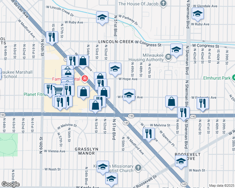 map of restaurants, bars, coffee shops, grocery stores, and more near 4108 North 51st Boulevard in Milwaukee