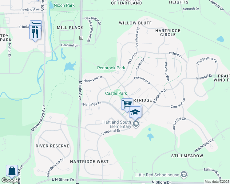 map of restaurants, bars, coffee shops, grocery stores, and more near 520 Hartridge Drive in Hartland