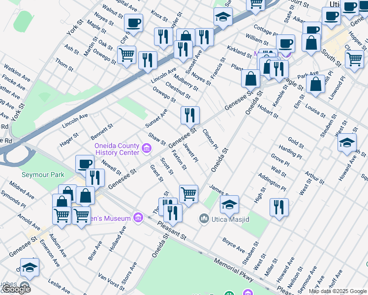 map of restaurants, bars, coffee shops, grocery stores, and more near 1 1/2 Jewett Place in Utica