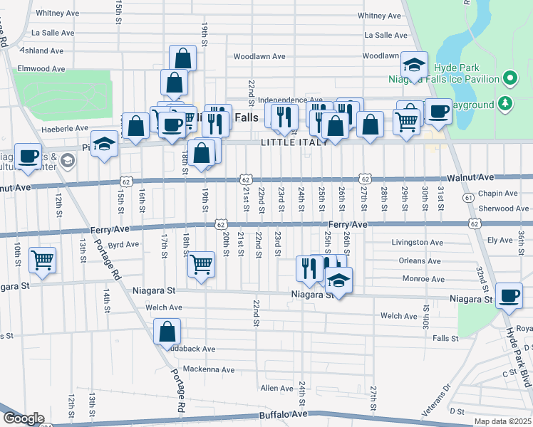 map of restaurants, bars, coffee shops, grocery stores, and more near 515 22nd Street in Niagara Falls