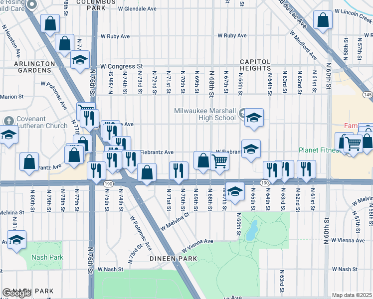 map of restaurants, bars, coffee shops, grocery stores, and more near 4100 North 70th Street in Milwaukee