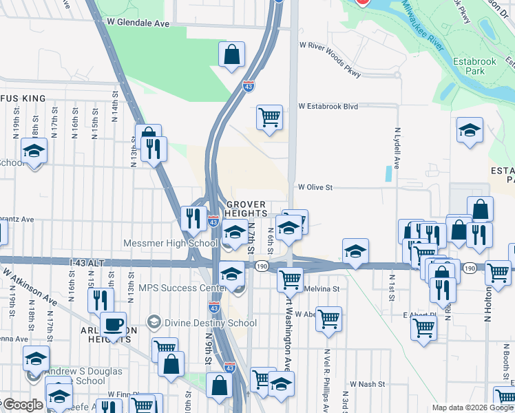 map of restaurants, bars, coffee shops, grocery stores, and more near 4114A North 7th Street in Milwaukee