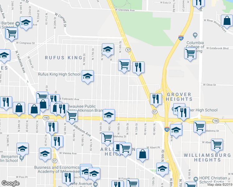 map of restaurants, bars, coffee shops, grocery stores, and more near 4127 North 14th Street in Milwaukee