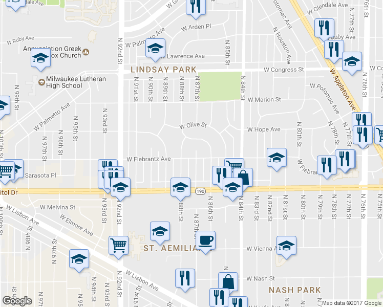 map of restaurants, bars, coffee shops, grocery stores, and more near 4109 North 87th Court in Milwaukee