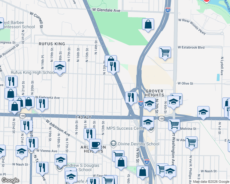 map of restaurants, bars, coffee shops, grocery stores, and more near 4128 North 12th Street in Milwaukee
