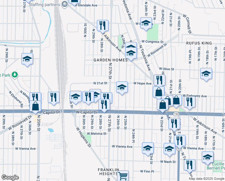 map of restaurants, bars, coffee shops, grocery stores, and more near 4114 North 27th Street in Milwaukee