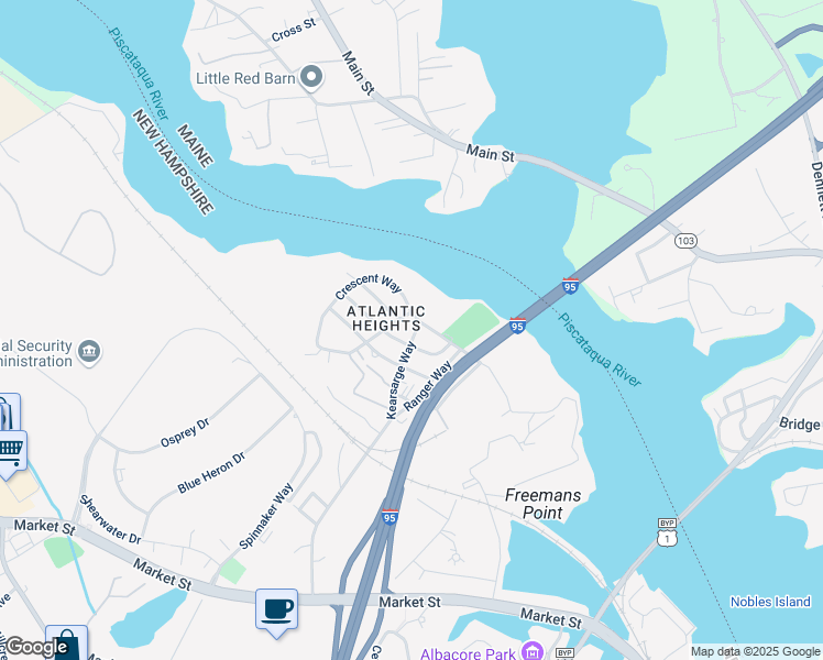 map of restaurants, bars, coffee shops, grocery stores, and more near 687 Kearsarge Way in Portsmouth