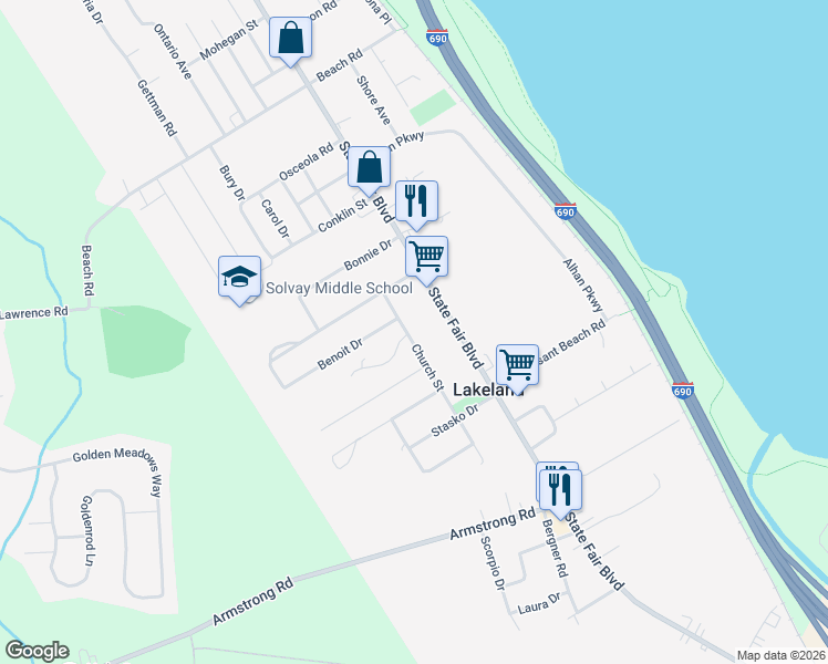 map of restaurants, bars, coffee shops, grocery stores, and more near 702 Church Street in Solvay