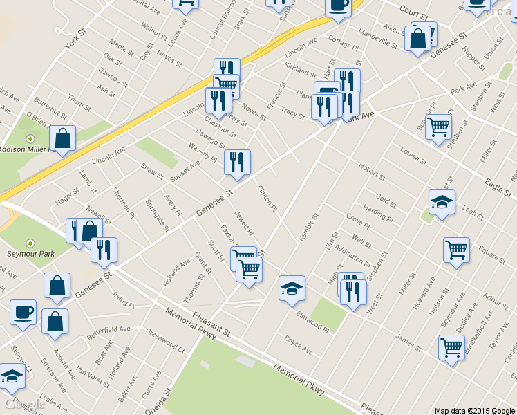 map of restaurants, bars, coffee shops, grocery stores, and more near 14 Clinton Place in Utica